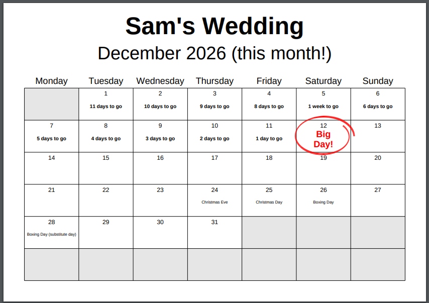 An extract of a PDF generated with the BigDay service